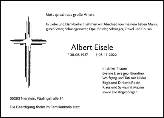 Traueranzeige von Albert Eisele von vrm-trauer AZ Mainz