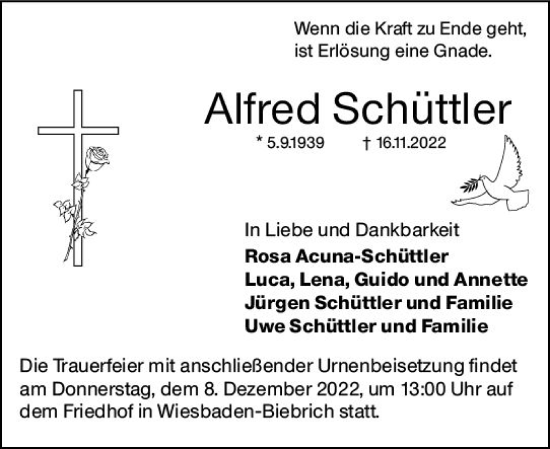 Traueranzeige von Alfred Schüttler von vrm-trauer Wiesbadener Kurier