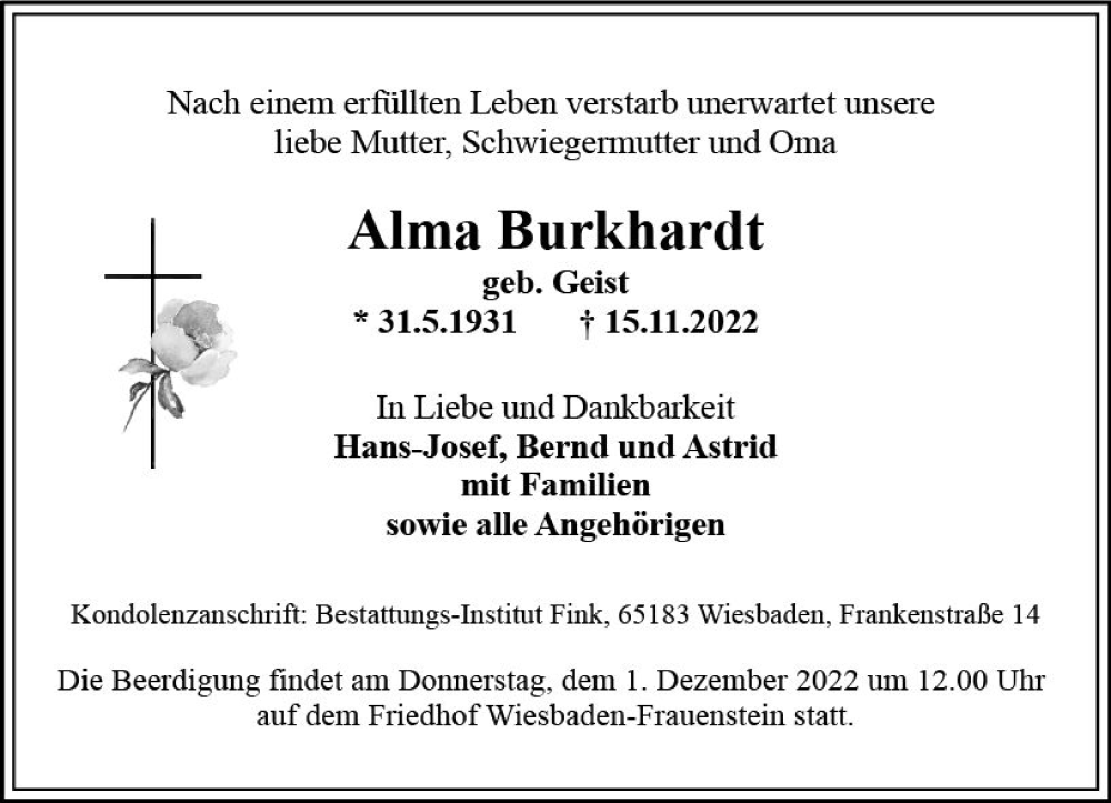  Traueranzeige für Alma Burkhardt vom 26.11.2022 aus vrm-trauer Wiesbadener Kurier