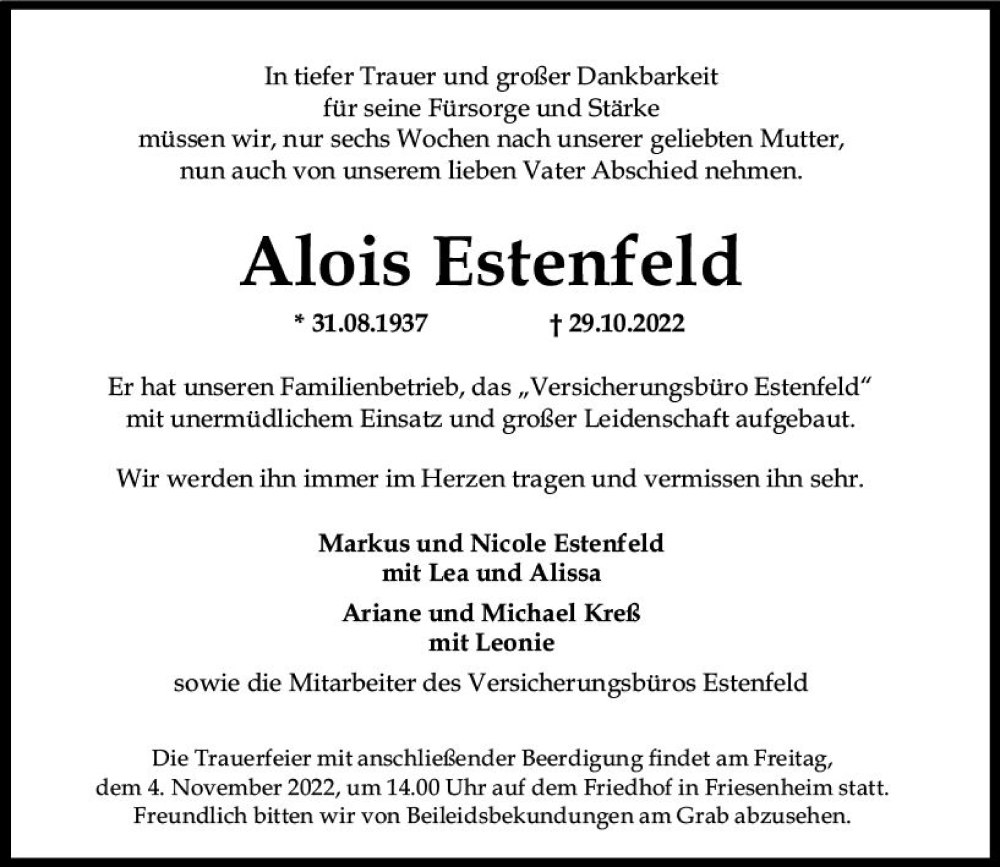  Traueranzeige für Alois Estenfeld vom 03.11.2022 aus vrm-trauer AZ Mainz
