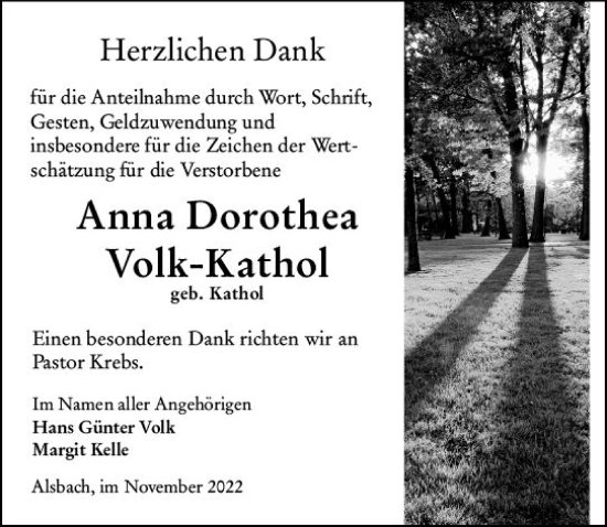 Traueranzeige von Anna Dorothea Volk-Kathol von vrm-trauer Darmstädter Echo