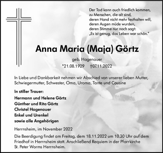 Traueranzeige von Anna Maria  Görtz von vrm-trauer Wormser Zeitung
