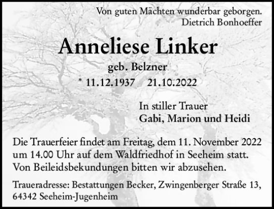 Traueranzeige von Anneliese Linker von vrm-trauer Darmstädter Echo