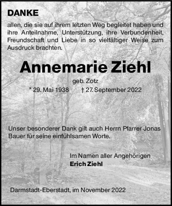 Traueranzeige von Annemarie Ziehl von vrm-trauer Darmstädter Echo