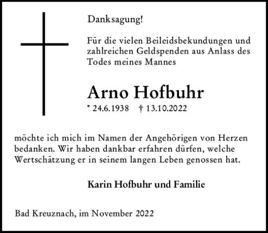 Traueranzeige von Arno Hofbuhr von vrm-trauer Allg. Zeitung Bad Kreuznach