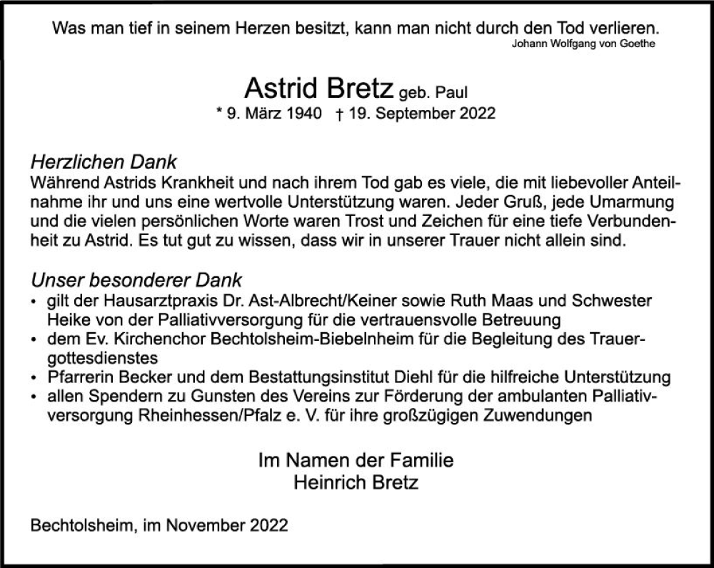  Traueranzeige für Astrid Bretz vom 12.11.2022 aus vrm-trauer Allgemeine Zeitung Alzey