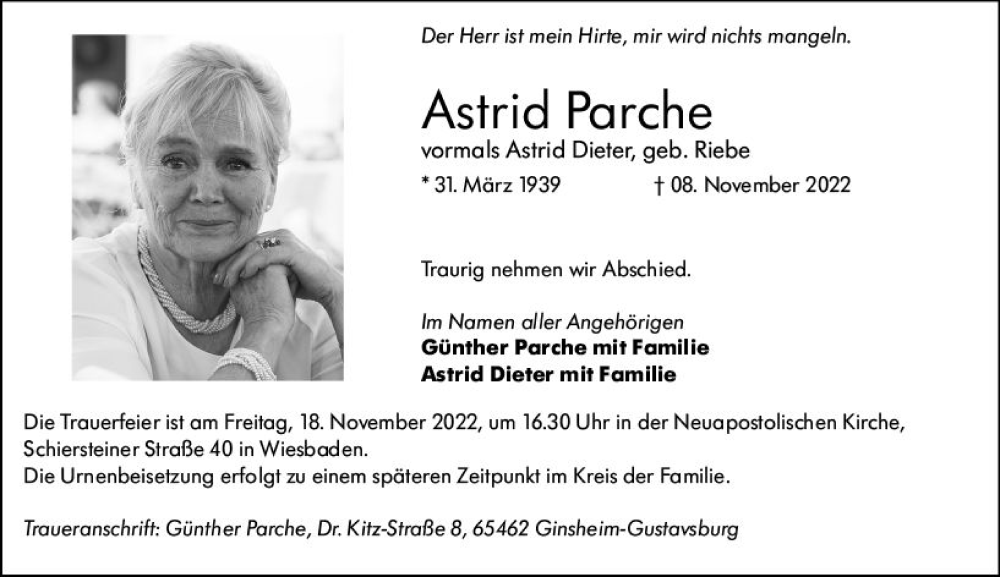  Traueranzeige für Astrid Parche vom 16.11.2022 aus vrm-trauer Wiesbadener Kurier