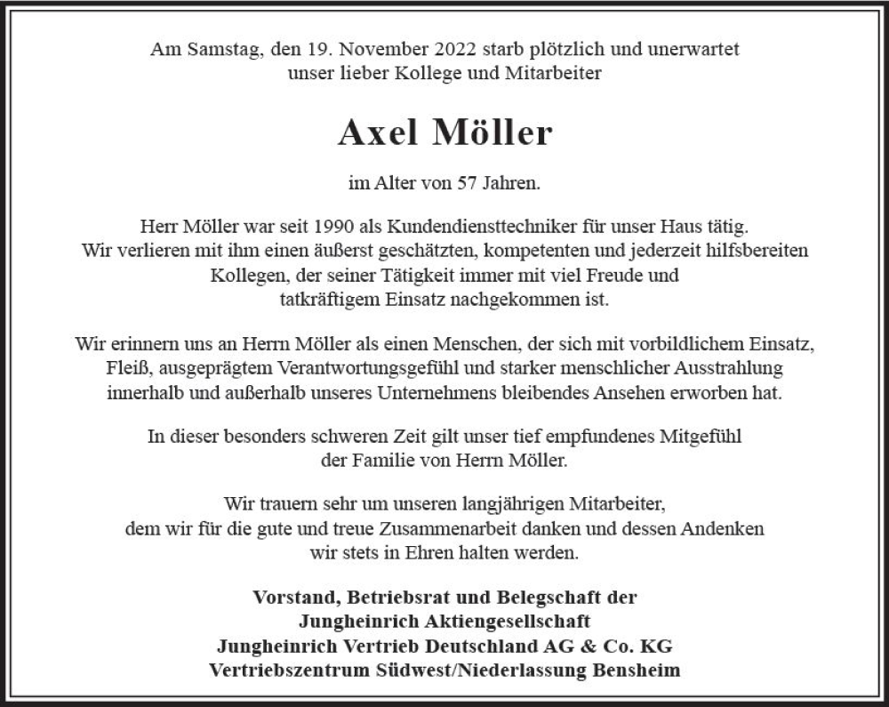  Traueranzeige für Axel Möller vom 26.11.2022 aus vrm-trauer Bürstädter/Lamperth. Ztg/Starkenburger