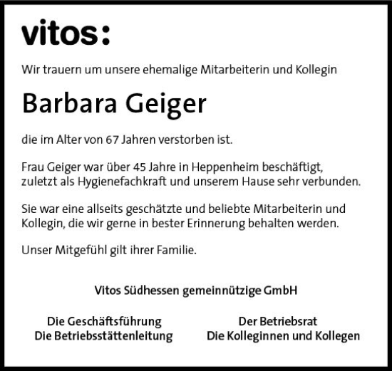 Traueranzeige von Barbara Geiger von vrm-trauer Bergsträßer Anzeiger