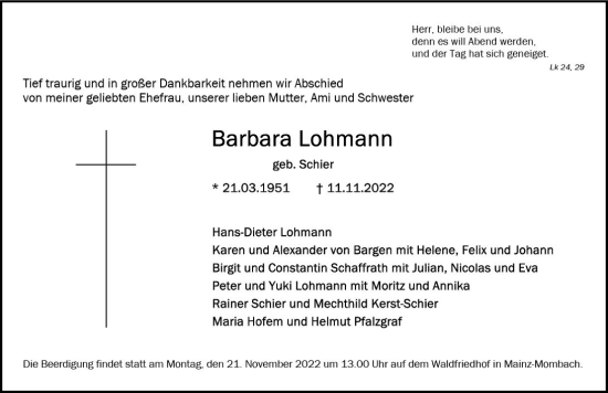 Traueranzeige von Barbara Lohmann von vrm-trauer AZ Mainz