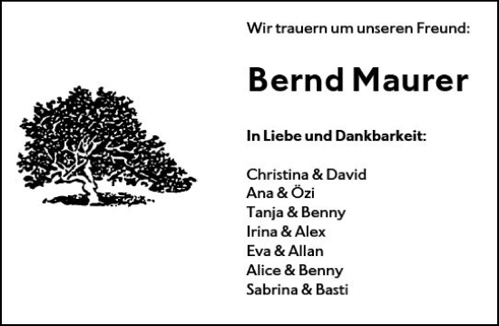 Traueranzeige von Bernd Maurer von vrm-trauer Idsteiner Zeitung