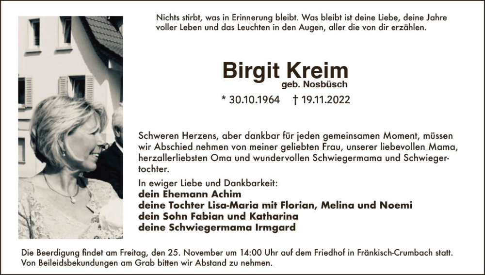  Traueranzeige für Birgit Kreim vom 23.11.2022 aus vrm-trauer Bürstädter/Lamperth. Ztg/Starkenburger