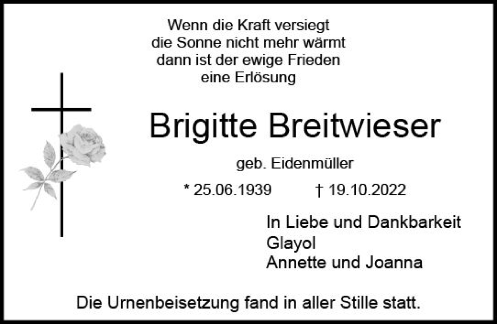  Traueranzeige für Brigitte Breitwieser vom 19.11.2022 aus vrm-trauer Darmstädter Echo