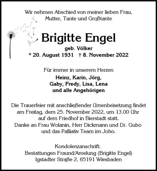 Traueranzeige von Brigitte Engel von vrm-trauer Wiesbadener Kurier