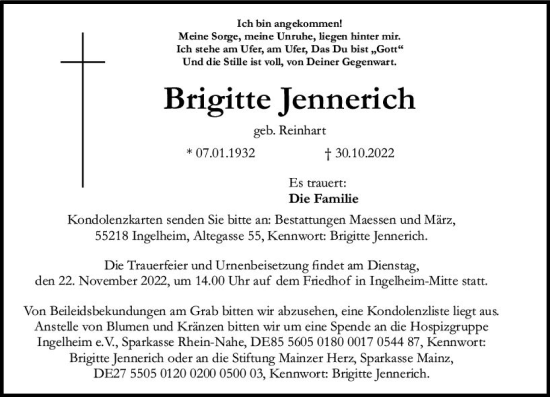 Traueranzeige von Brigitte Jennerich von vrm-trauer Allgemeine  Zeitung Ingelheim-Bingen