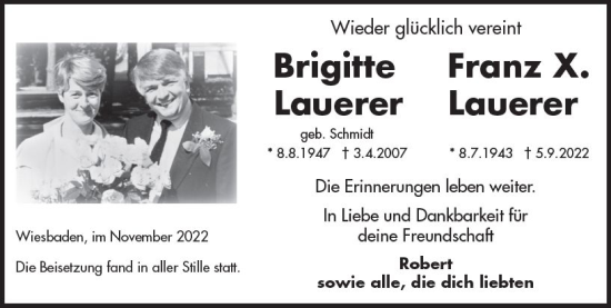 Traueranzeige von Brigitte Lauerer von vrm-trauer Wiesbadener Kurier