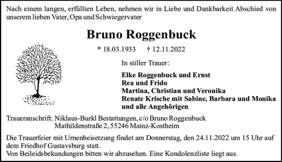 Traueranzeige von Bruno Roggenbuck von vrm-trauer AZ Mainz