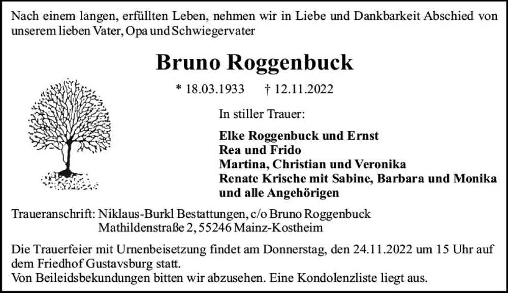  Traueranzeige für Bruno Roggenbuck vom 23.11.2022 aus vrm-trauer AZ Mainz