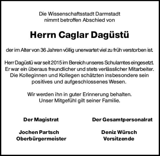 Traueranzeige von Caglar Dagüstü von vrm-trauer Darmstädter Echo
