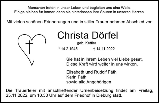 Traueranzeige von Christa Dörfel von vrm-trauer DieburgerAnzeiger/Groß-Zimmerner Lokala