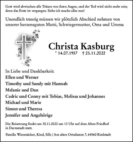 Traueranzeige von Christa Kasburg von vrm-trauer Groß-Gerauer Echo