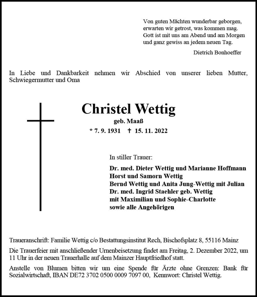  Traueranzeige für Christel Wettig vom 26.11.2022 aus vrm-trauer AZ Mainz