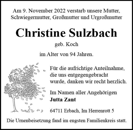 Traueranzeige von Christine Sulzbach von vrm-trauer Odenwälder Echo
