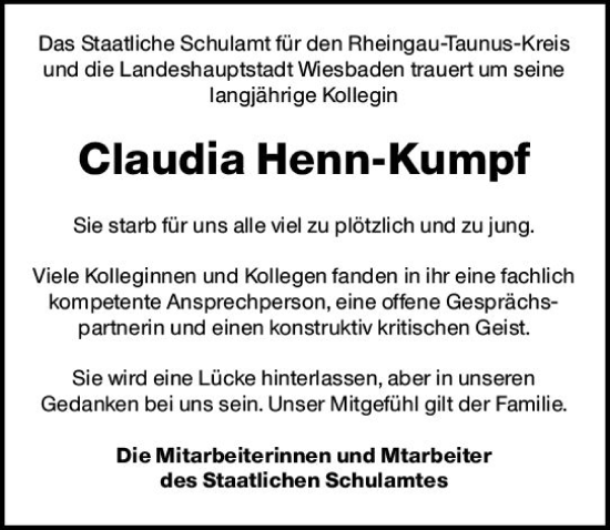 Traueranzeige von Claudia Henn-Kumpf von vrm-trauer Wiesbadener Kurier