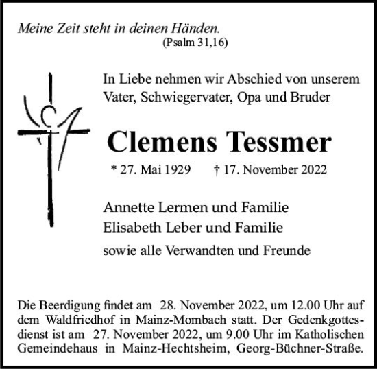 Traueranzeige von Clemens Tessmer von vrm-trauer AZ Mainz