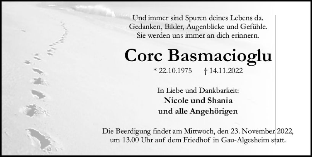  Traueranzeige für Corc Basmacioglu vom 19.11.2022 aus vrm-trauer Allgemeine  Zeitung Ingelheim-Bingen