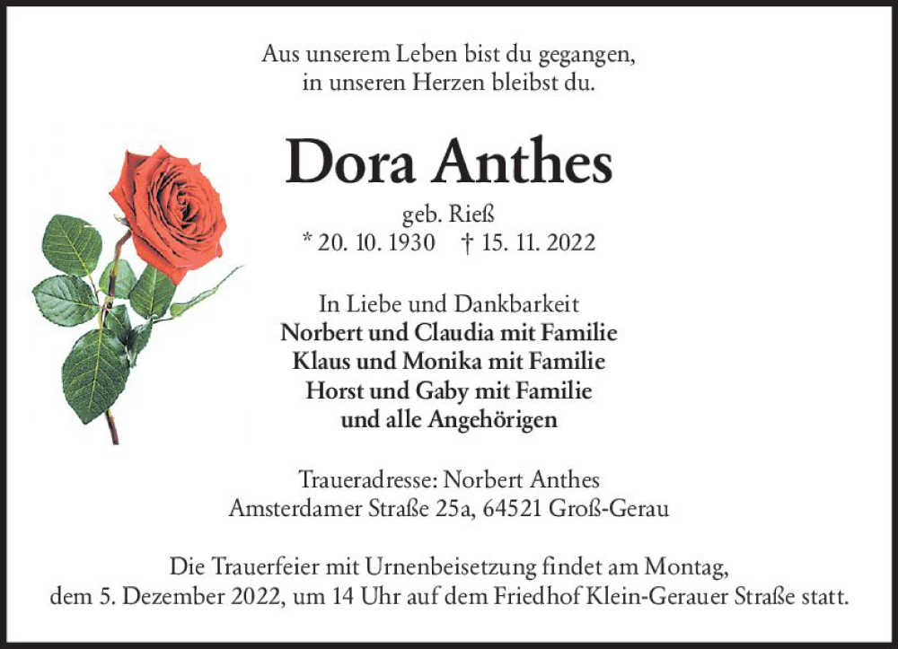  Traueranzeige für Dora Anthes vom 26.11.2022 aus vrm-trauer Groß-Gerauer Echo