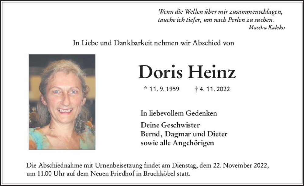  Traueranzeige für Doris Heinz vom 12.11.2022 aus vrm-trauer Wiesbadener Kurier