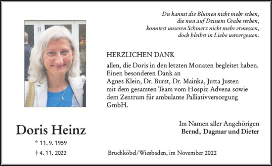 Traueranzeige von Doris Heinz von vrm-trauer Wiesbadener Kurier
