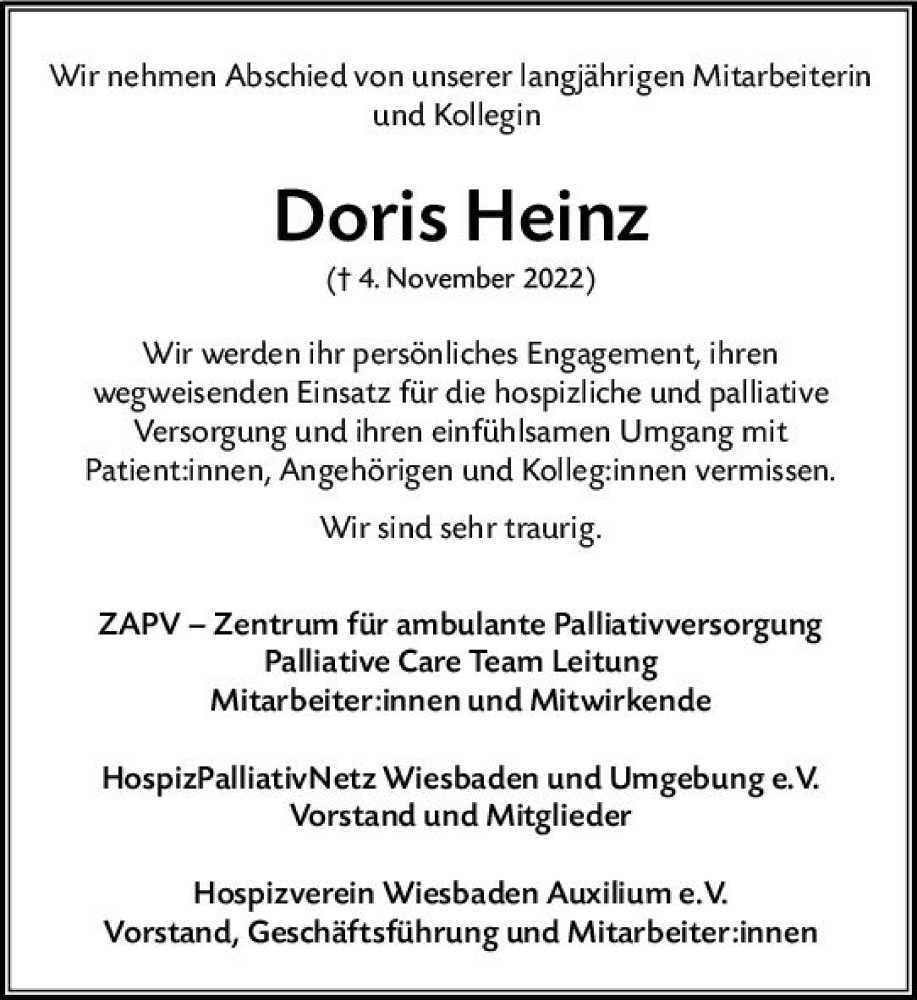  Traueranzeige für Doris Heinz vom 12.11.2022 aus vrm-trauer Wiesbadener Kurier