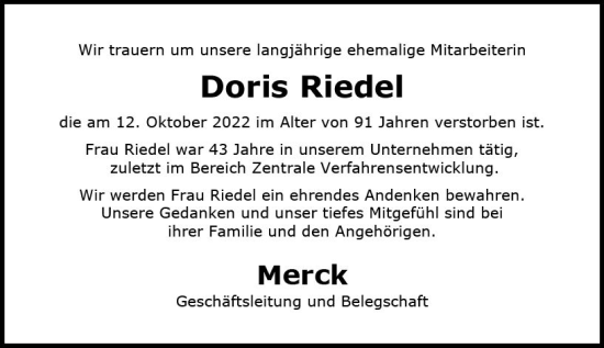 Traueranzeige von Doris Riedel von vrm-trauer Darmstädter Echo