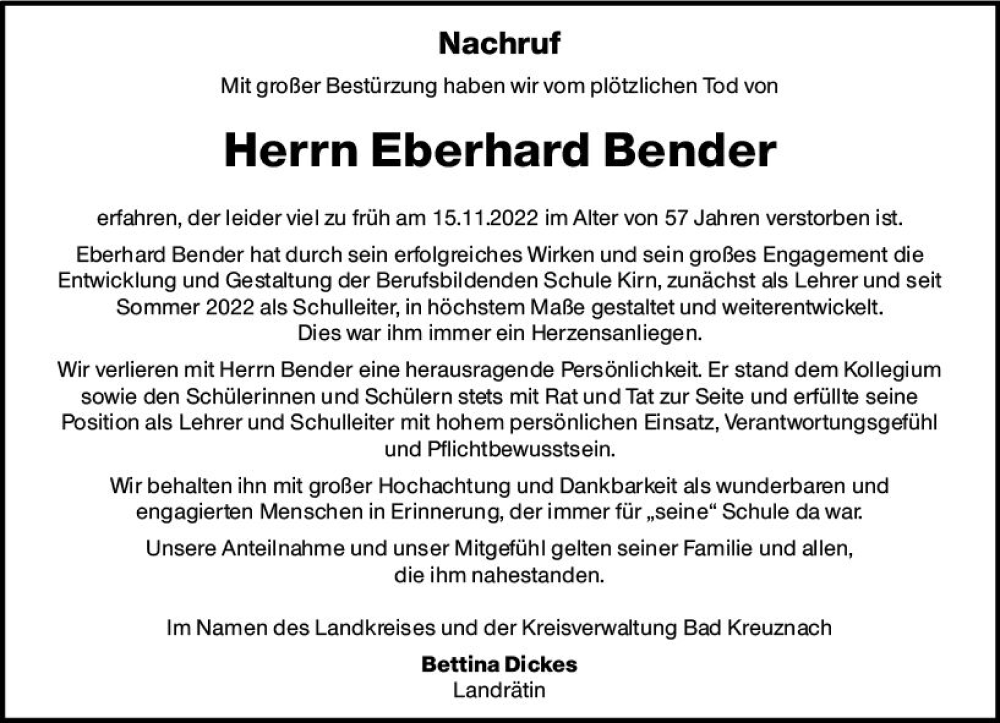  Traueranzeige für Eberhard Bender vom 30.11.2022 aus vrm-trauer Allg. Zeitung Bad Kreuznach