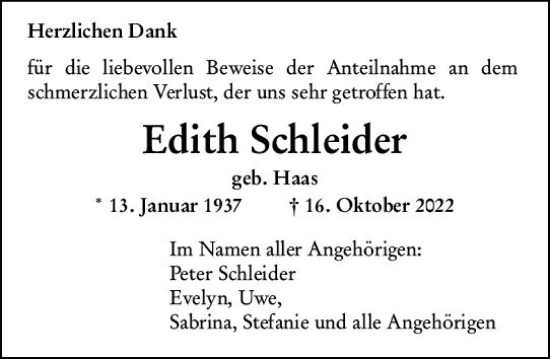 Traueranzeige von Edith Schleider von vrm-trauer Wiesbadener Kurier