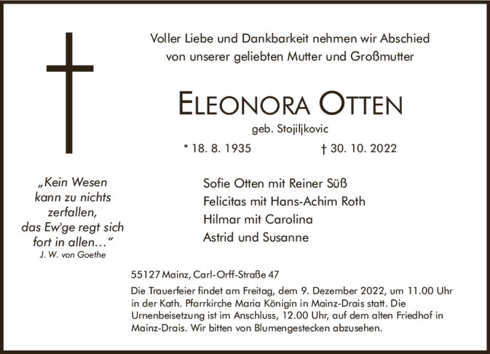  Traueranzeige für Eleonora Otten vom 23.11.2022 aus vrm-trauer AZ Mainz