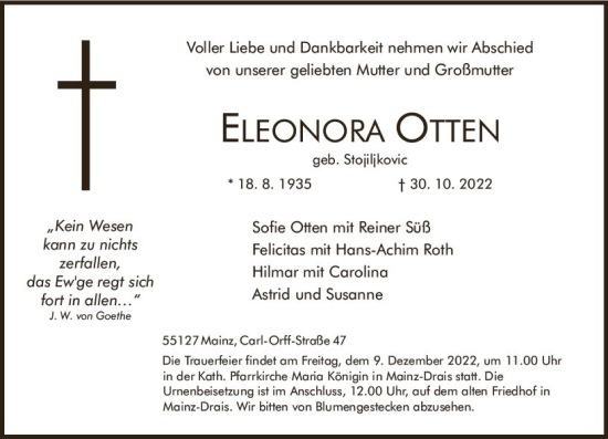 Traueranzeige von Eleonora Otten von vrm-trauer AZ Mainz