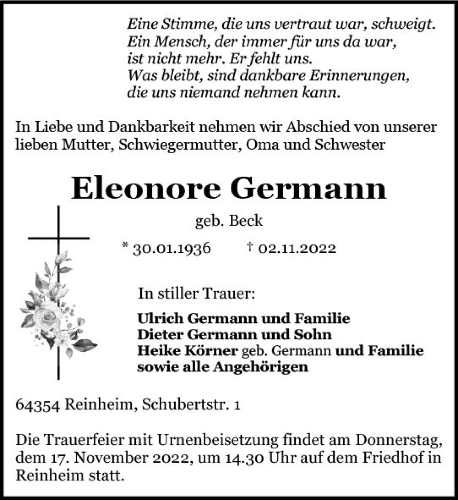  Traueranzeige für Eleonore Germann vom 12.11.2022 aus vrm-trauer Darmstädter Echo