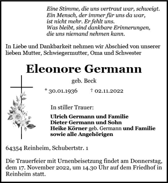 Traueranzeige von Eleonore Germann von vrm-trauer Darmstädter Echo