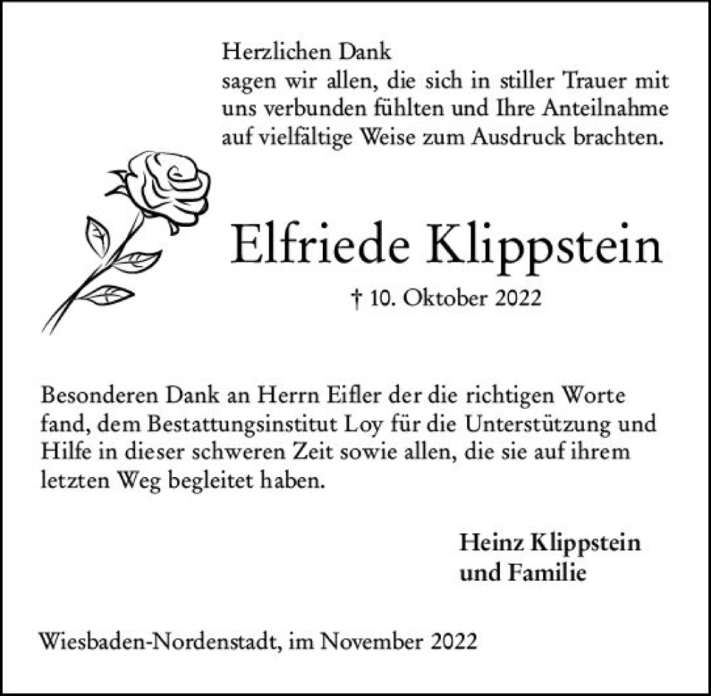  Traueranzeige für Elfriede Klippstein vom 12.11.2022 aus vrm-trauer Wiesbadener Kurier