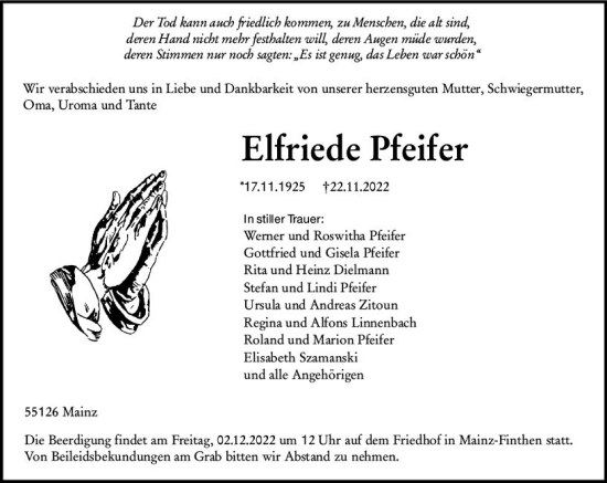 Traueranzeige von Elfriede Pfeifer von vrm-trauer AZ Mainz