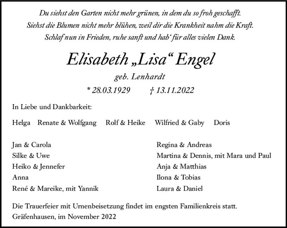  Traueranzeige für Elisabeth  Engel vom 26.11.2022 aus vrm-trauer Darmstädter Echo