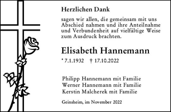 Traueranzeige von Elisabeth Hannemann von vrm-trauer Groß-Gerauer Echo