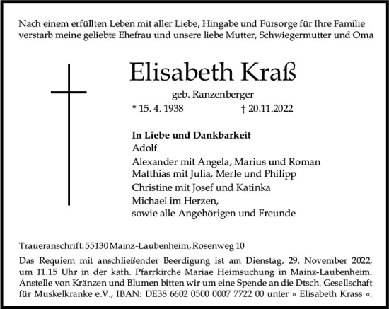 Traueranzeige von Elisabeth Kraß von vrm-trauer Allgemeine  Zeitung Ingelheim-Bingen