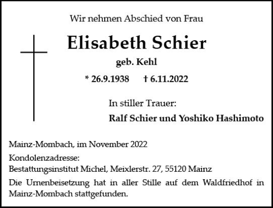 Traueranzeige von Elisabeth Schier von vrm-trauer AZ Mainz