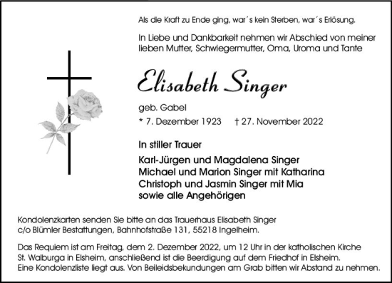 Traueranzeige von Elisabeth Singer von vrm-trauer AZ Mainz