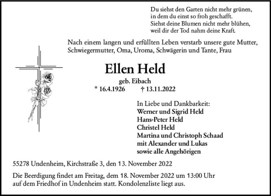 Traueranzeige von Ellen Held von vrm-trauer AZ Mainz