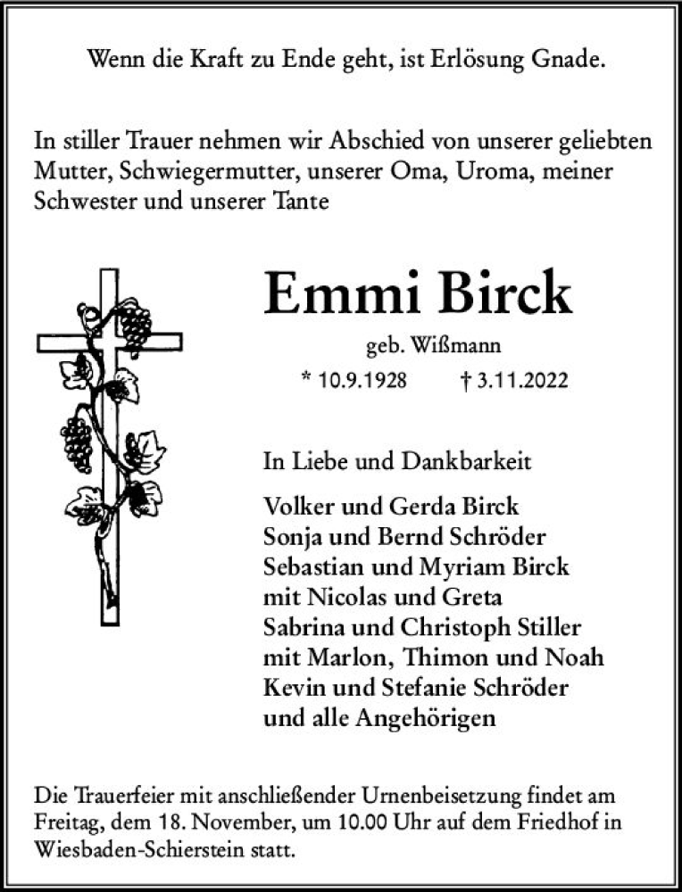  Traueranzeige für Emmi Birck vom 05.11.2022 aus vrm-trauer Wiesbadener Kurier
